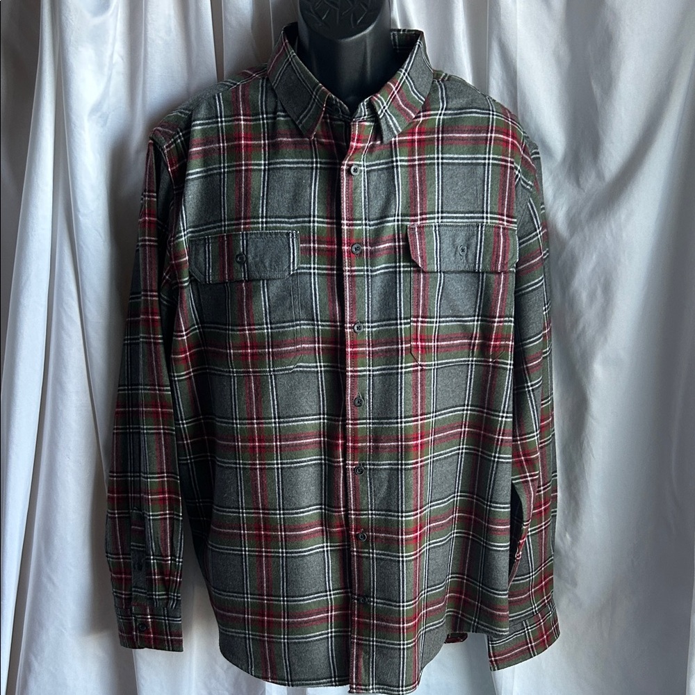 George Men's Casual Plaid Flannel Shirt - Grey, Green and Red